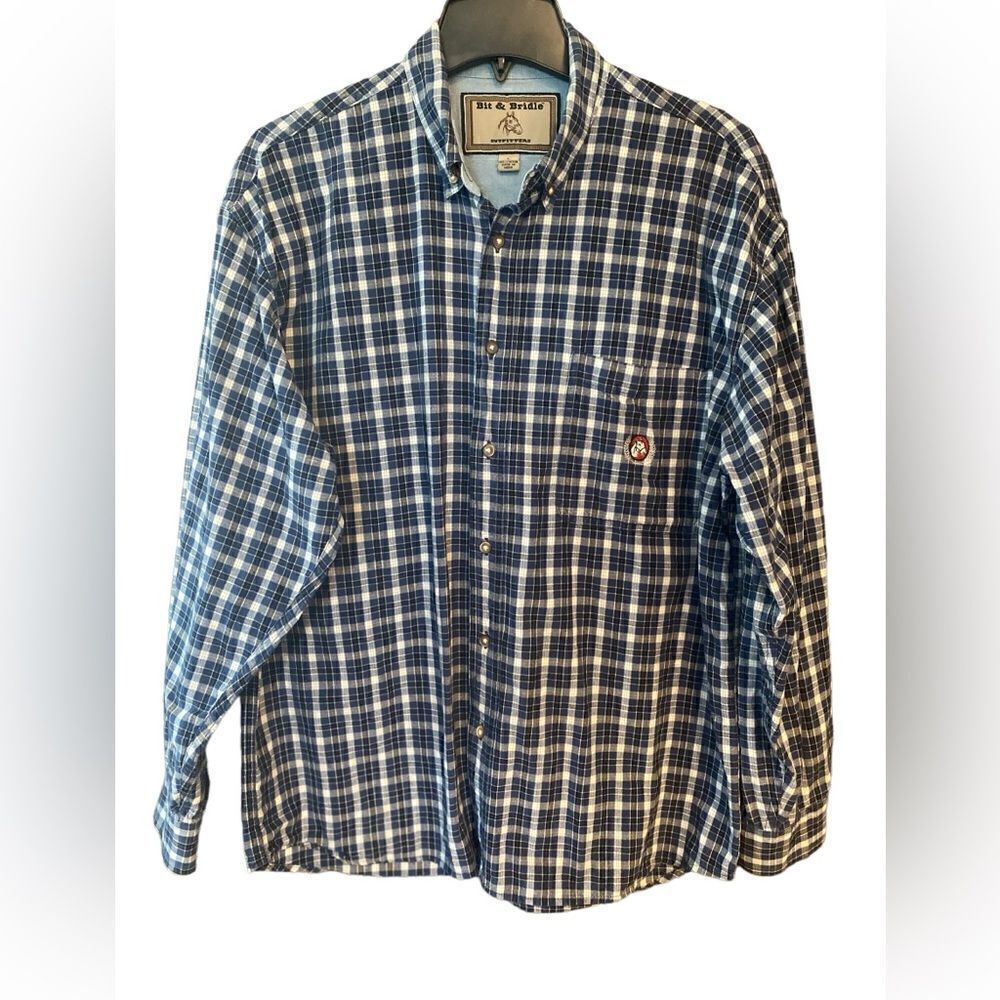 Bit & Bridle Sz L Blue Cotton Plaid Western Rodeo Farm Long Sleeve Button Shirt